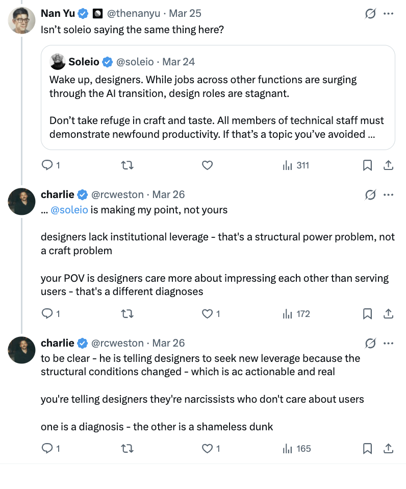 Thread: @rcweston arguing that designers lack institutional leverage — a structural power problem, not a craft problem