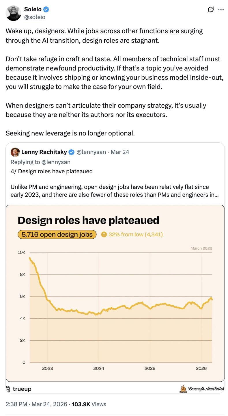 Soleio's tweet: Wake up, designers. Don't take refuge in craft and taste.